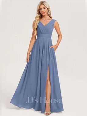 JJs House Yamara Slate Blue A-line Chiffon Maxi Dress Custom Sizing NWT Wedding‎